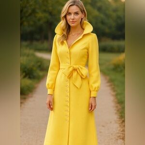 Vintage 1960s I. Magnin Studio Six Yellow Pique Maxi Dress Button Front Bow S M